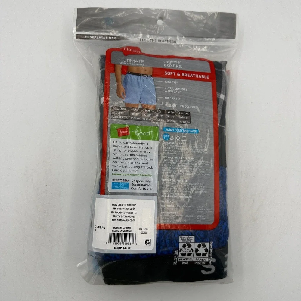 Hanes Ultimate Boxers Mens Small Multicolor 5-Pack Tagless Plaid 798BP5